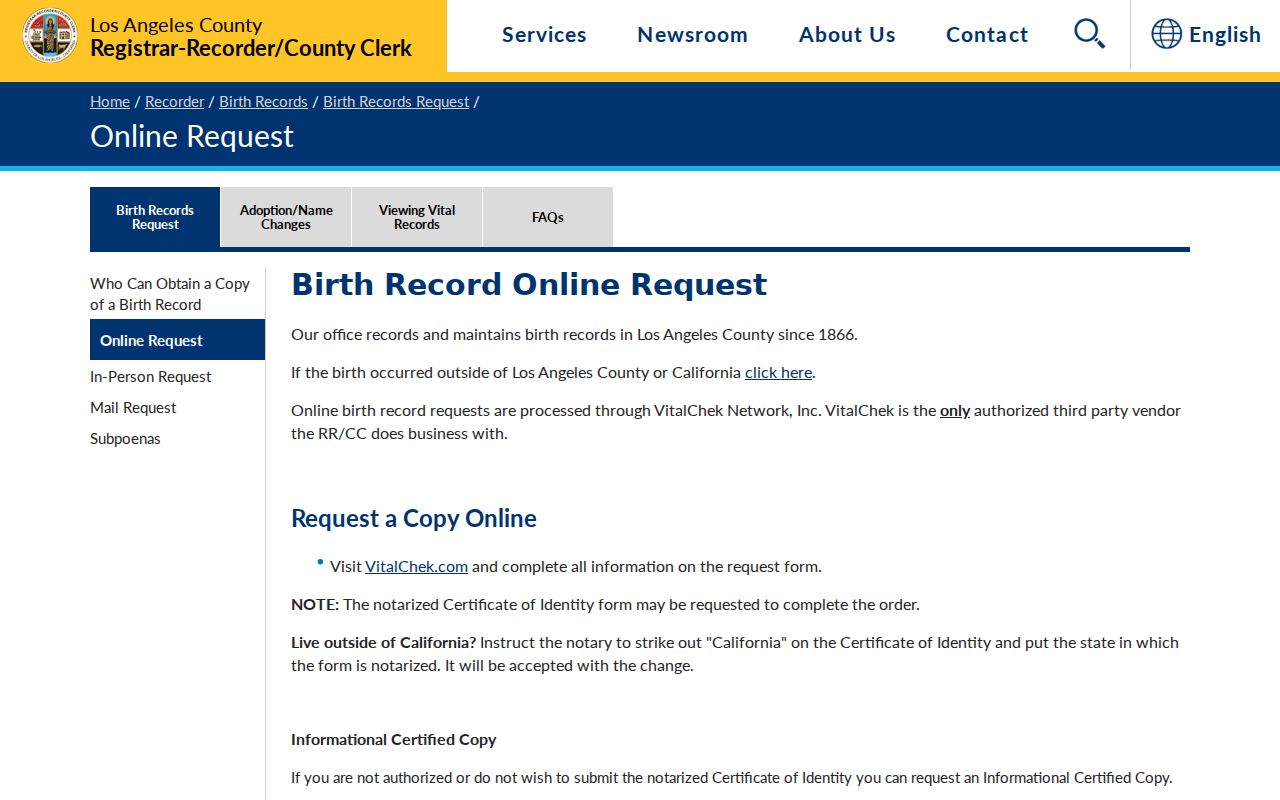 Los Angeles County residents directory birth record request